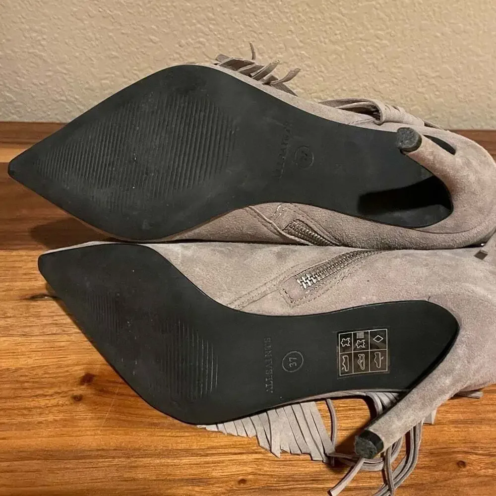 All Saints Gray Fall Fringe Suede Ankle Booties Sz 7